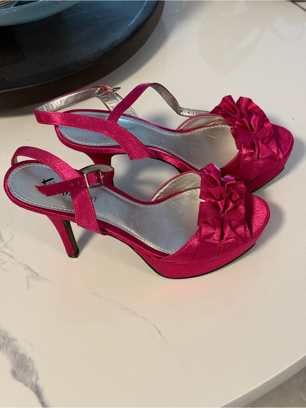 Nina Fuchsia Satin Ruffle Open-Toe Slingback Heels - Picture 2 of 6